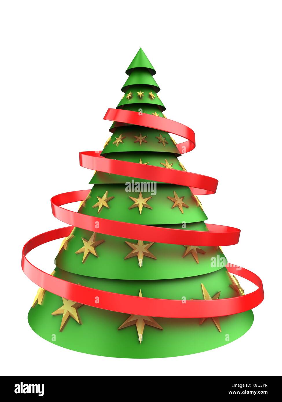 3d illustration of christmas tree over white background with red ribbon ...