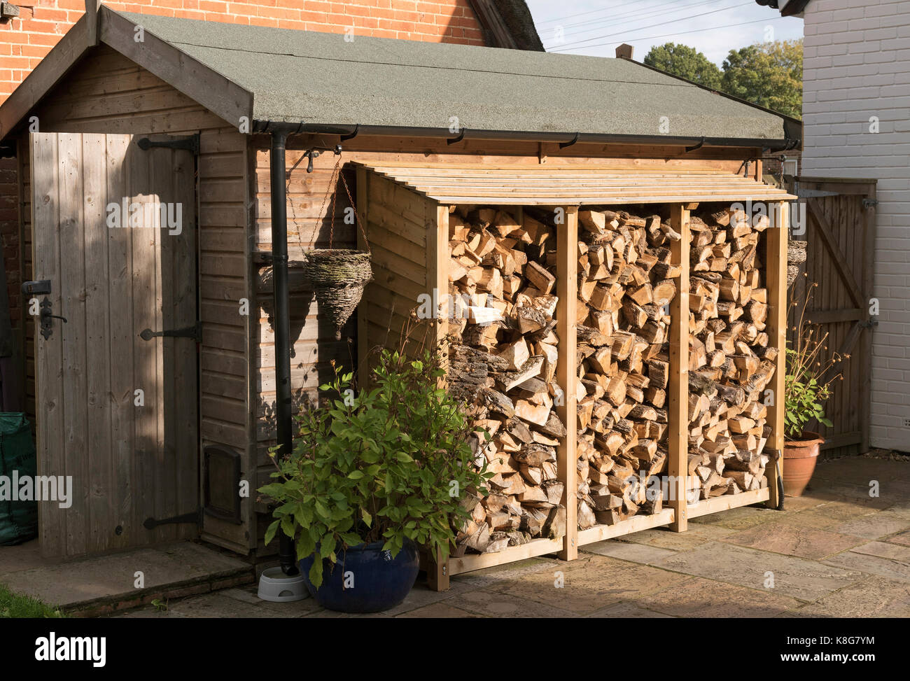Log store standing against a garden shed Stock Photo