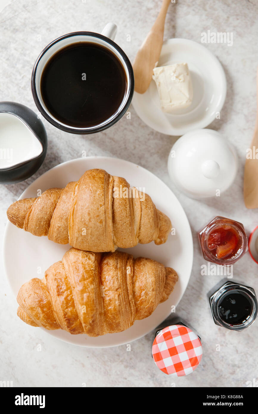Overhead view of breakfast served on table Stock Photo