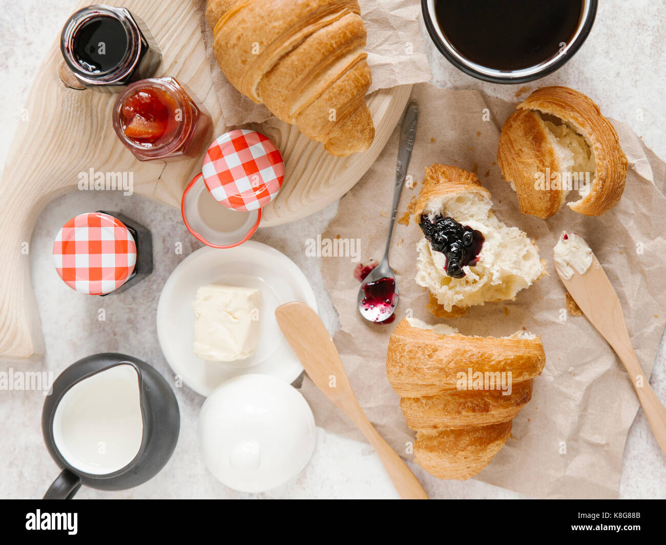 Overhead view of breakfast on table Stock Photo
