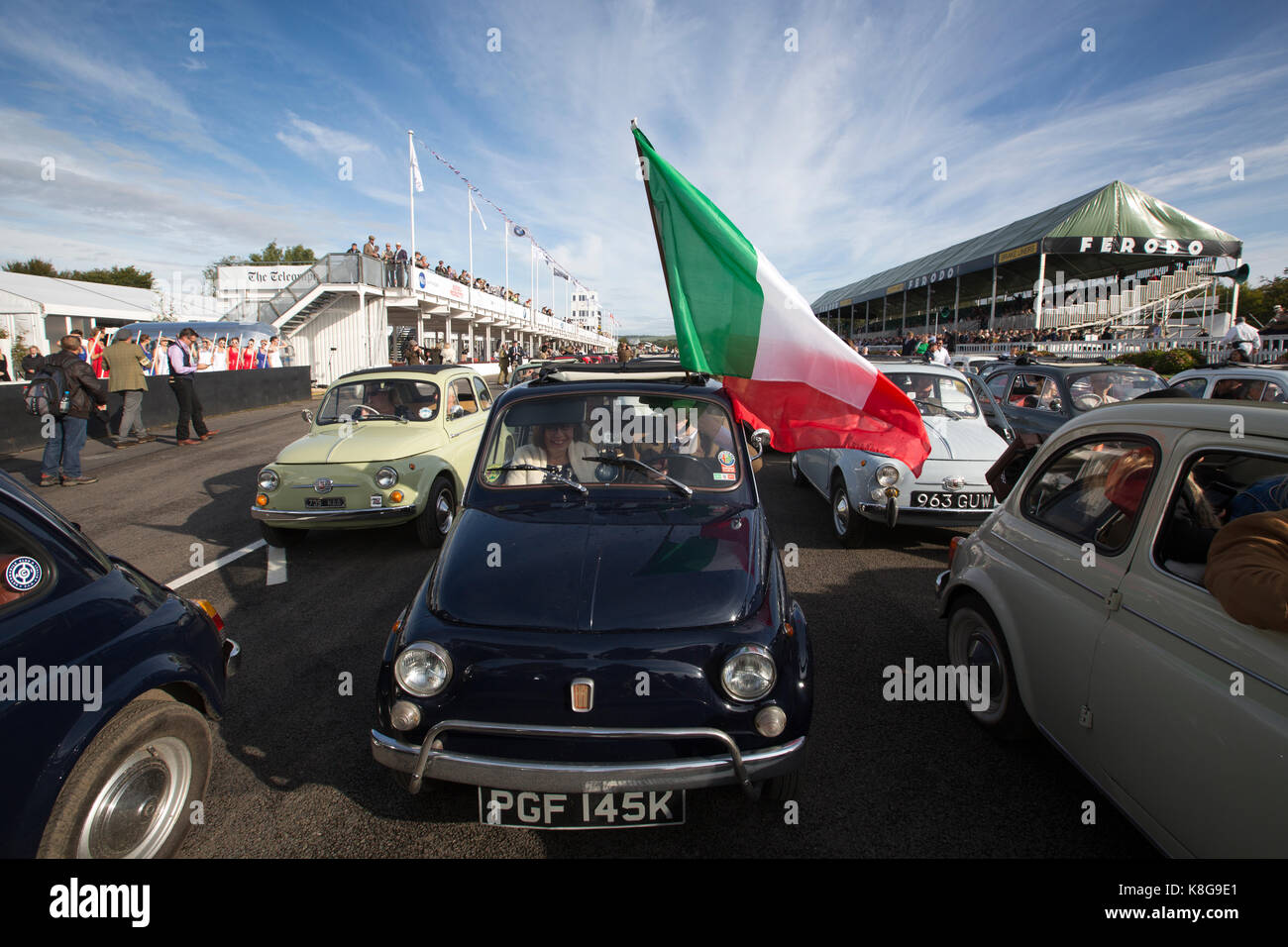 FIAT 500 Parade, Goodwood Revival 2017 Meeting, Goodwood race track, organised by the British Automobile Racing Club, Chichester, West Sussex, England Stock Photo