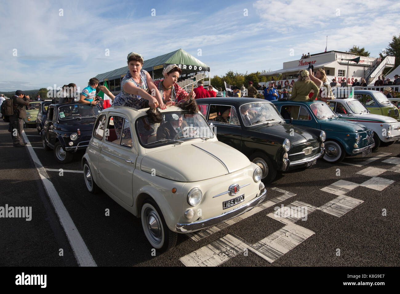 FIAT 500 Parade, Goodwood Revival 2017 Meeting, Goodwood race track, organised by the British Automobile Racing Club, Chichester, West Sussex, England Stock Photo