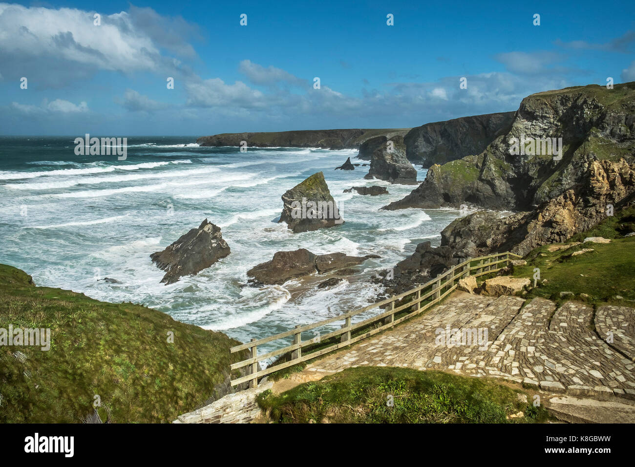 Bedruthan Steps - rough sea conditions at Bedruthan Steps on the North Cornwall coast. Stock Photo