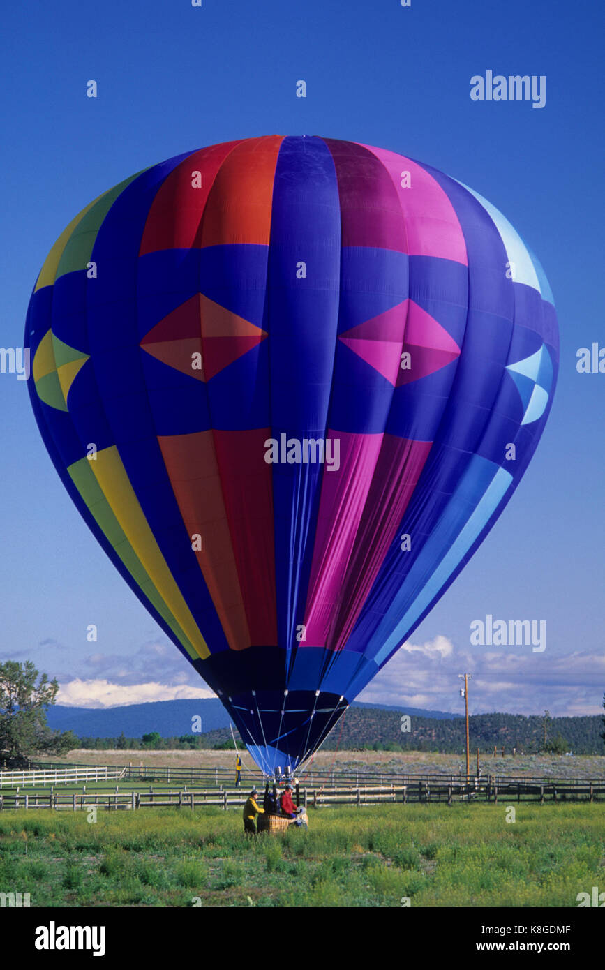 Hot air balloon landing on ranch pasture, Balloons over Bend, Deschutes County, Oregon Stock Photo