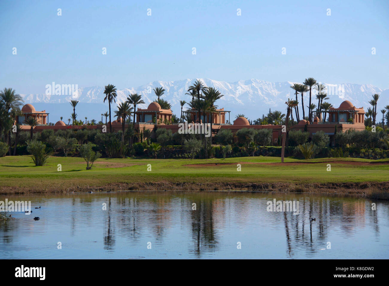 Beautiful Landscape of the Atlas Mountains from Marrakech Royal Golf Club Stock Photo