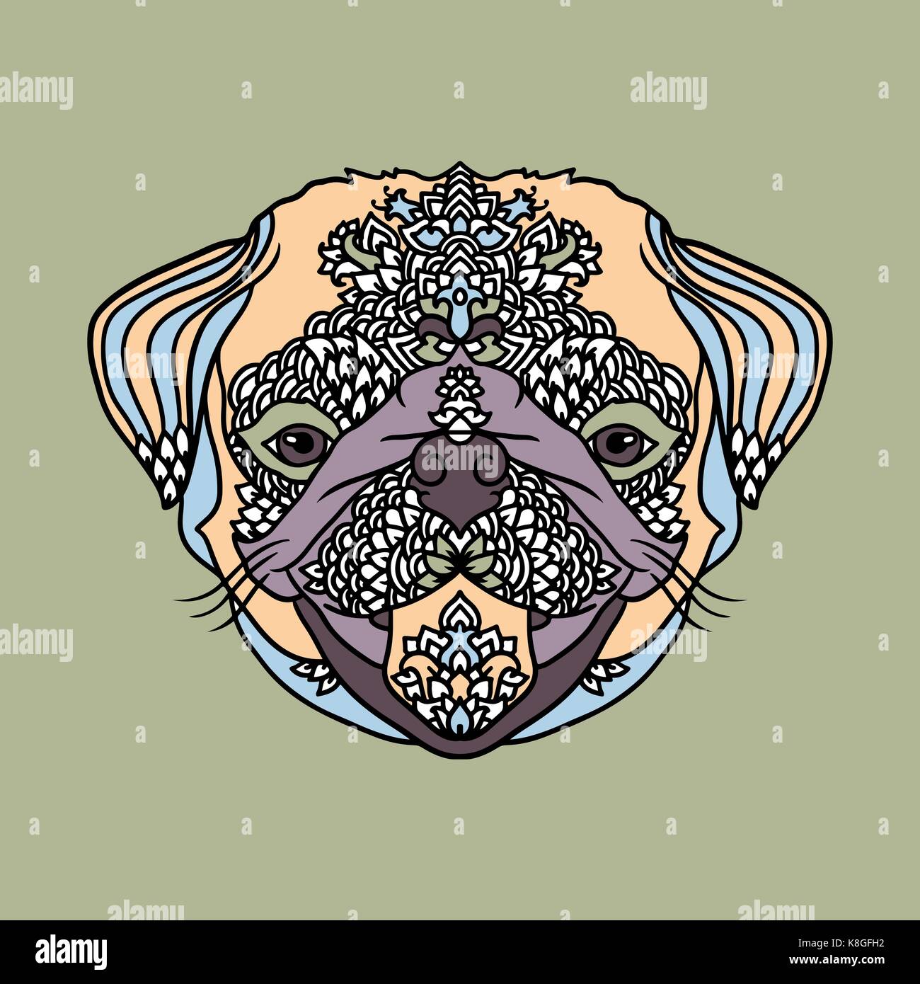 Pug with ethnic floral ornaments for adult coloring book. Zentagle pattern. Vector doodle illustration. Portrait of a cute pet. Stock Vector