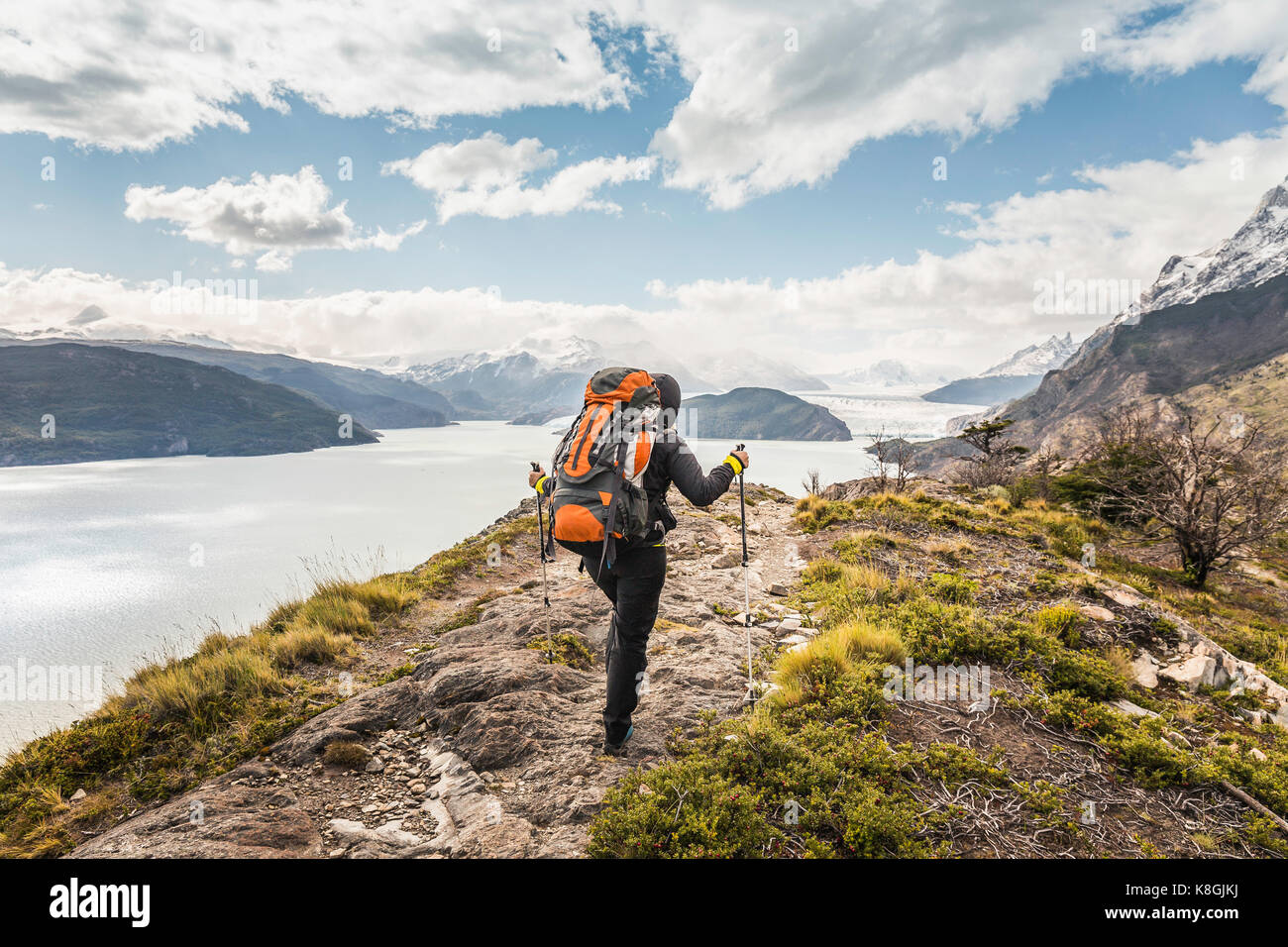 Rear view of female hiker hiking alongside Grey glacier lake, Torres del Paine National Park, Chile Stock Photo