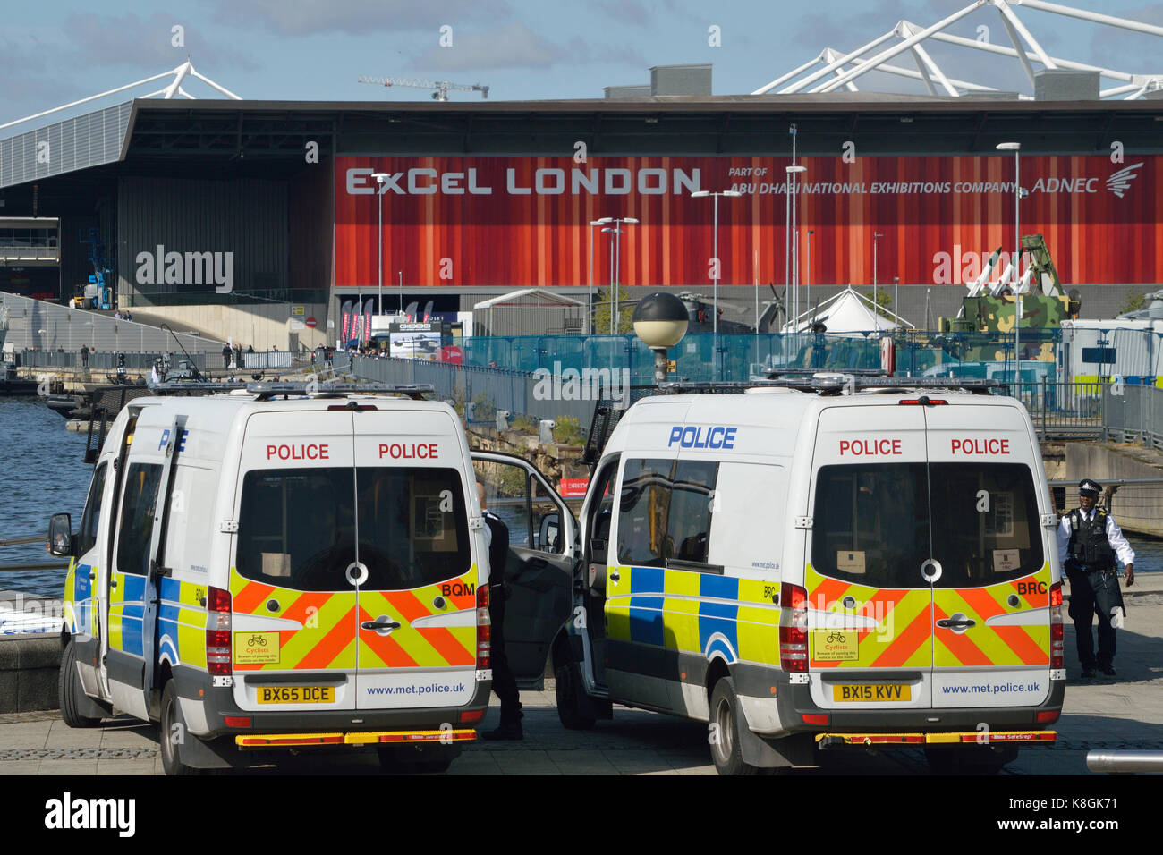 Met Police supporting the DSEi event at ExCel exhibition centre in London UK Stock Photo