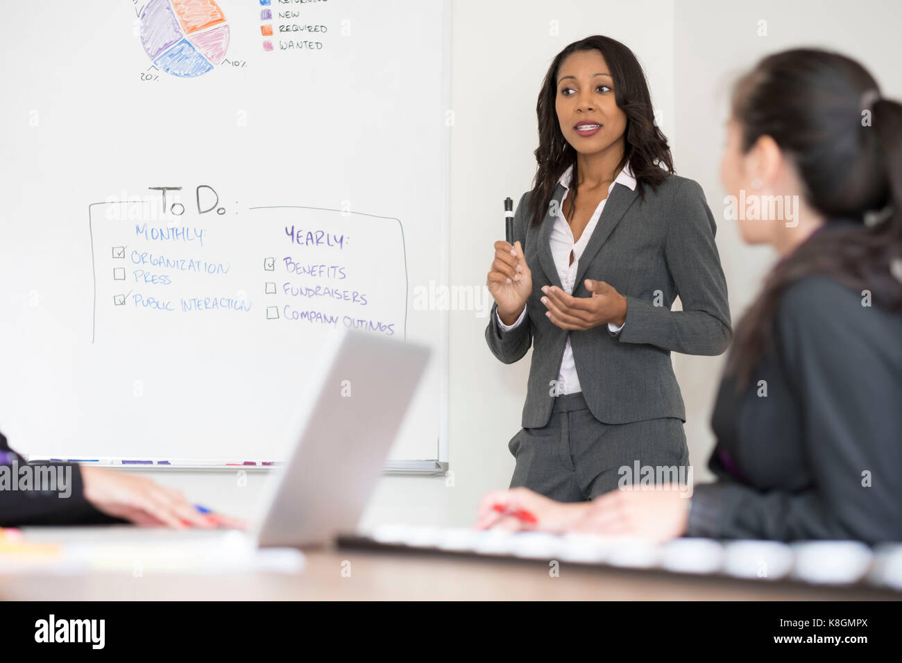 Businesswomen in meeting room, businesswoman, standing at front, explaining business strategy Stock Photo