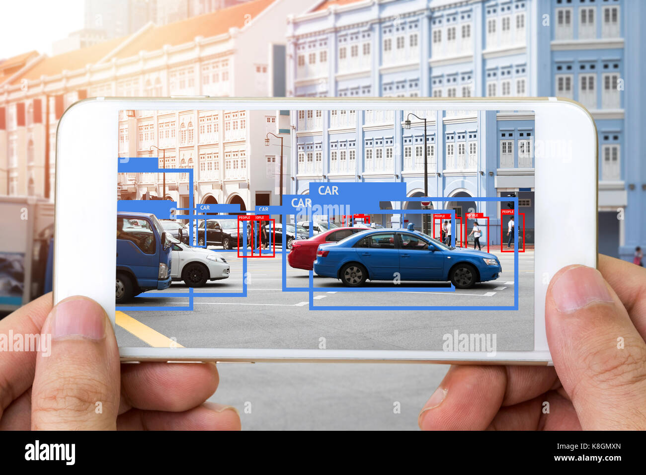 Machine Learning analytics identify person , cars technology , Artificial intelligence concept. Software ui mobile phone analytics and recognition peo Stock Photo
