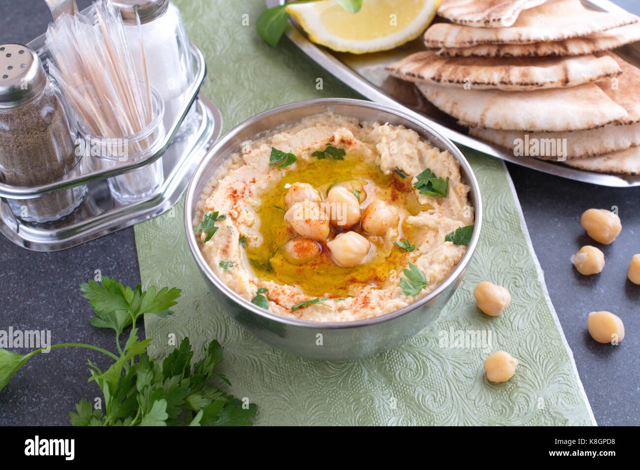 Chickpea paste with chick peas, garlic, cumin, sesame seeds, olive oil