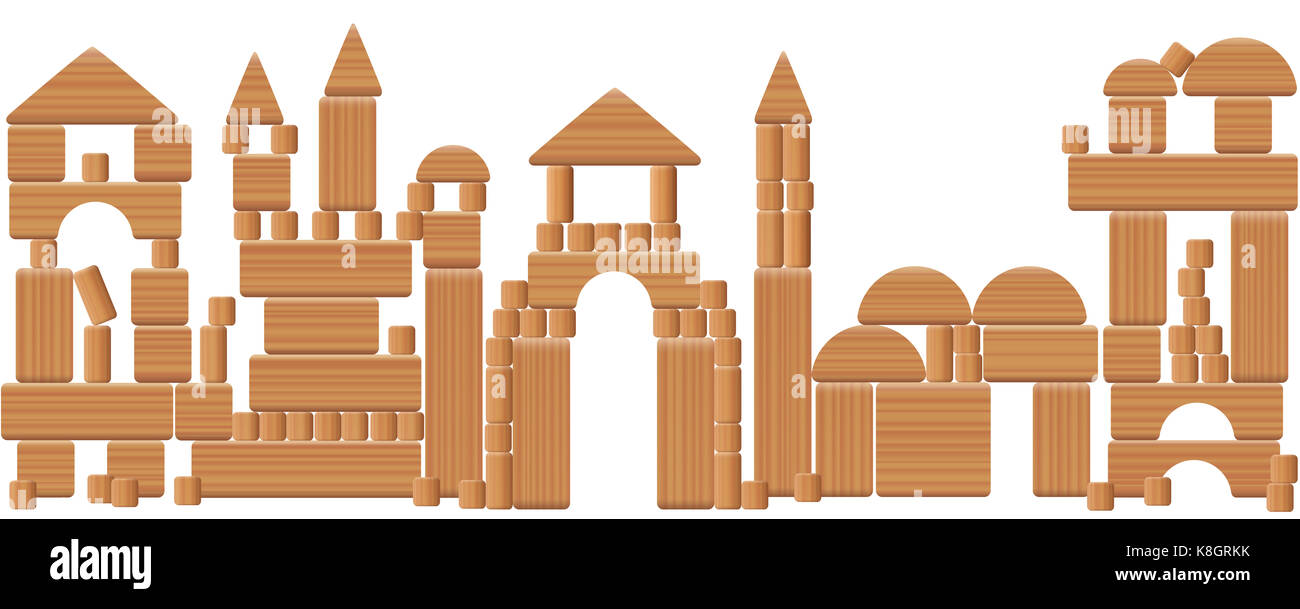 Toy city made of wooden blocks - imaginary skyline scenery with fairytale buildings build with many different natural wood elements. Stock Photo