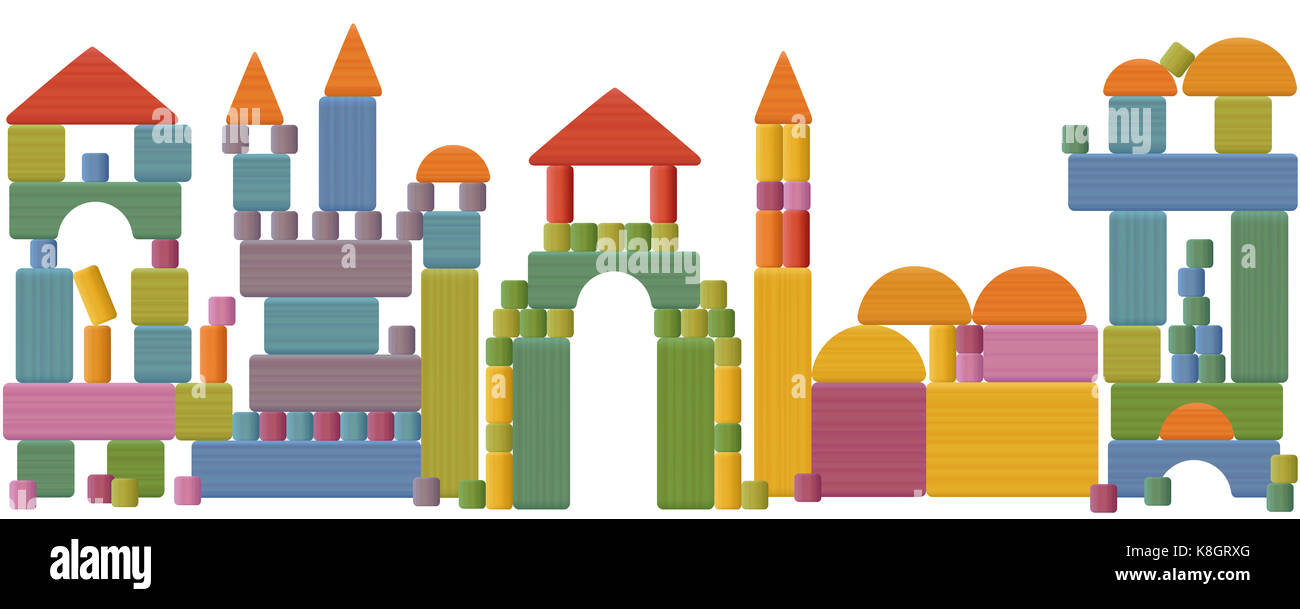 Toy blocks city skyline - fabulous buildings, towers, castles, churches and archways made of many pieces, colorful bricks, roofs, spires, pillars. Stock Photo