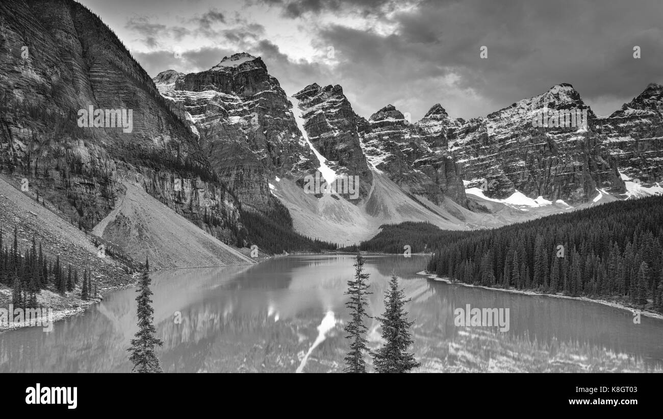Moraine Lake in Black and White, Banff, Alberta, Canada Stock Photo