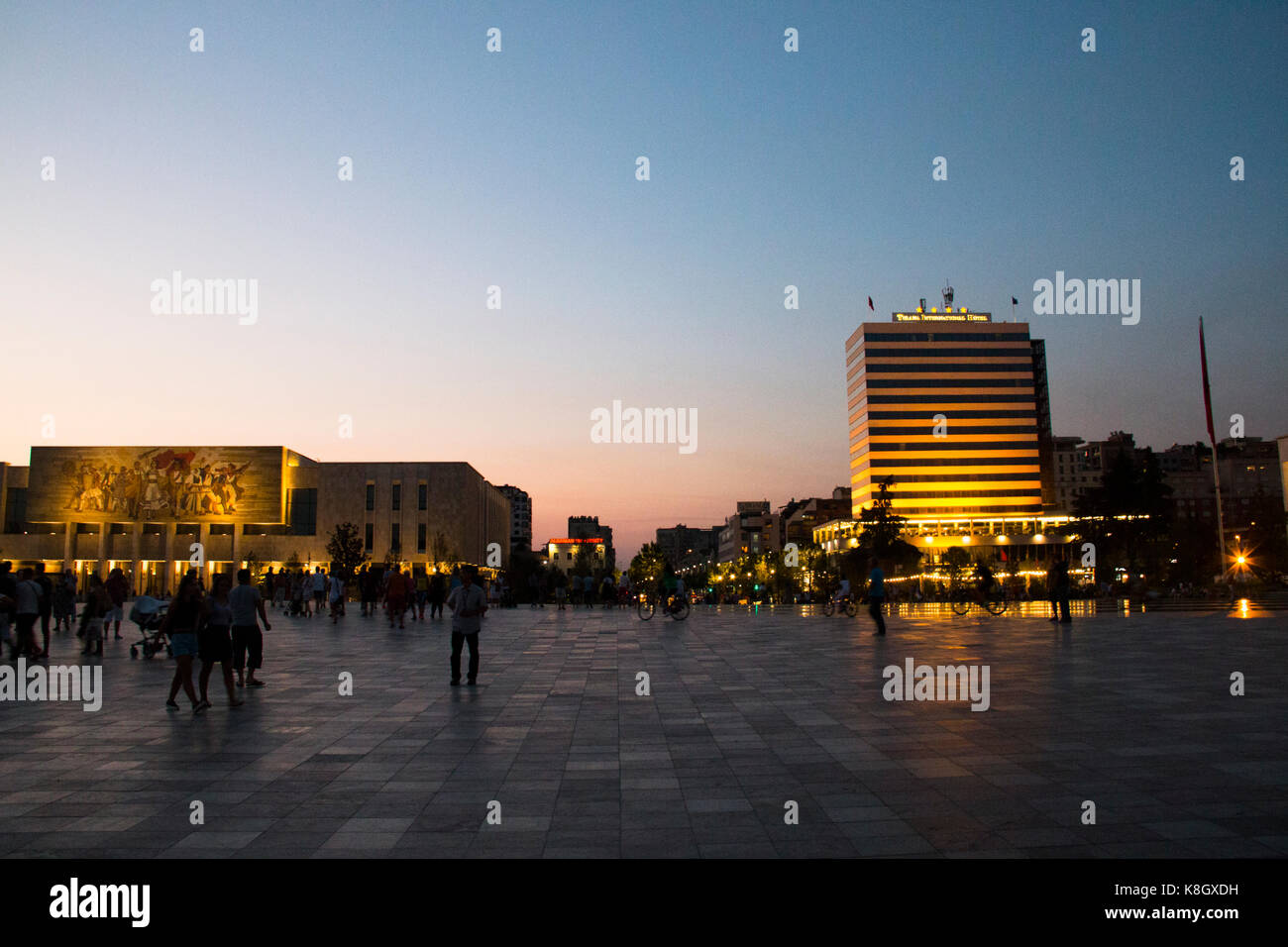 TIRANA, ALBANIA AUGUST 2017 Sunset over Skanderbeg square, the main square in Tirana in