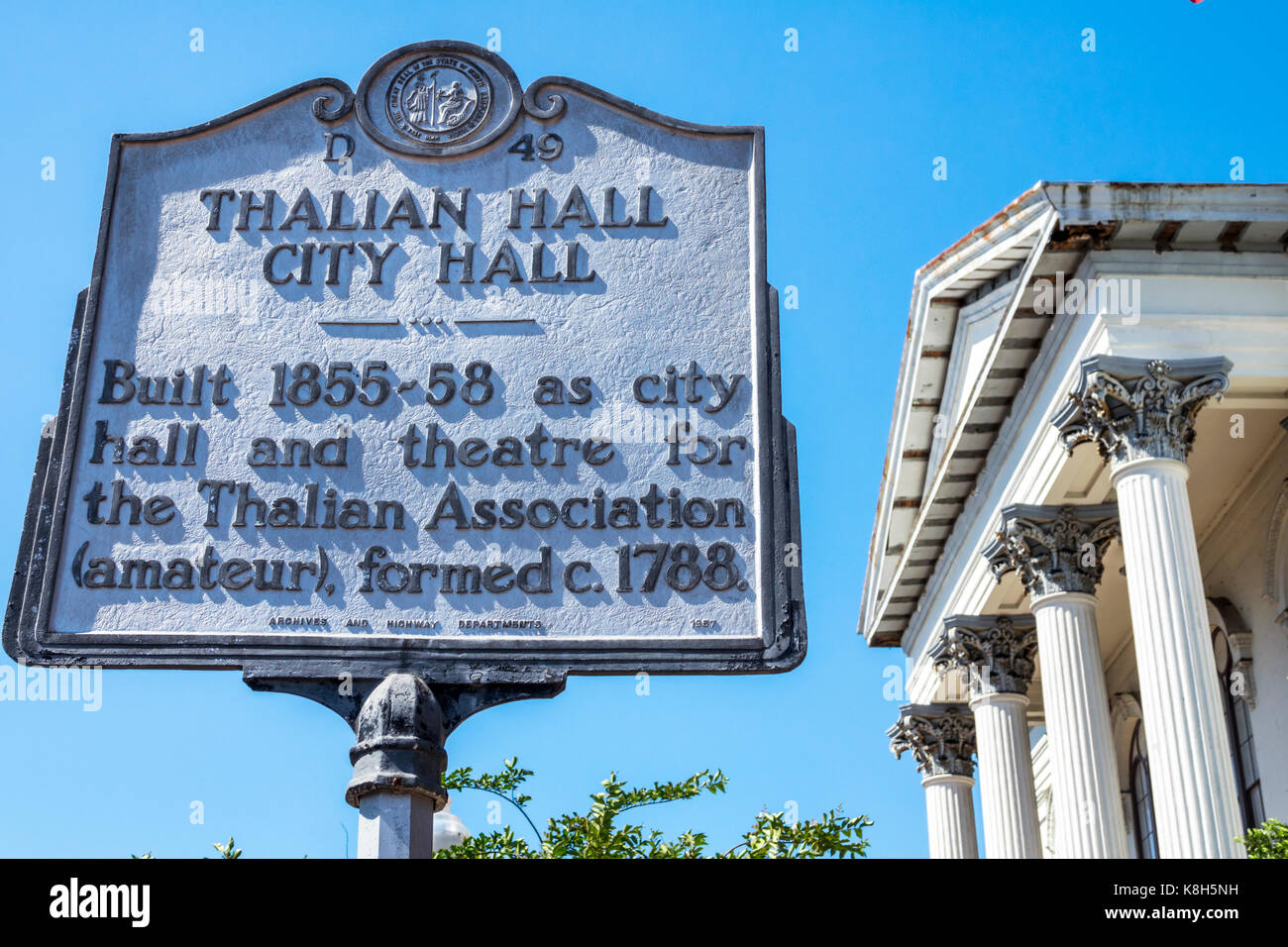 Wilmington North Carolina,North 3rd Street,historic district,Thalian Hall Center for the Performing Arts,theatre,theater,marker,sign,NC170518028 Stock Photo