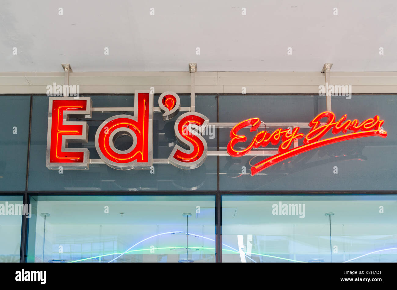 Neon sign for Ed's Easy Diner burger restaurant at the Barclaycard Arena in Birmingham Stock Photo