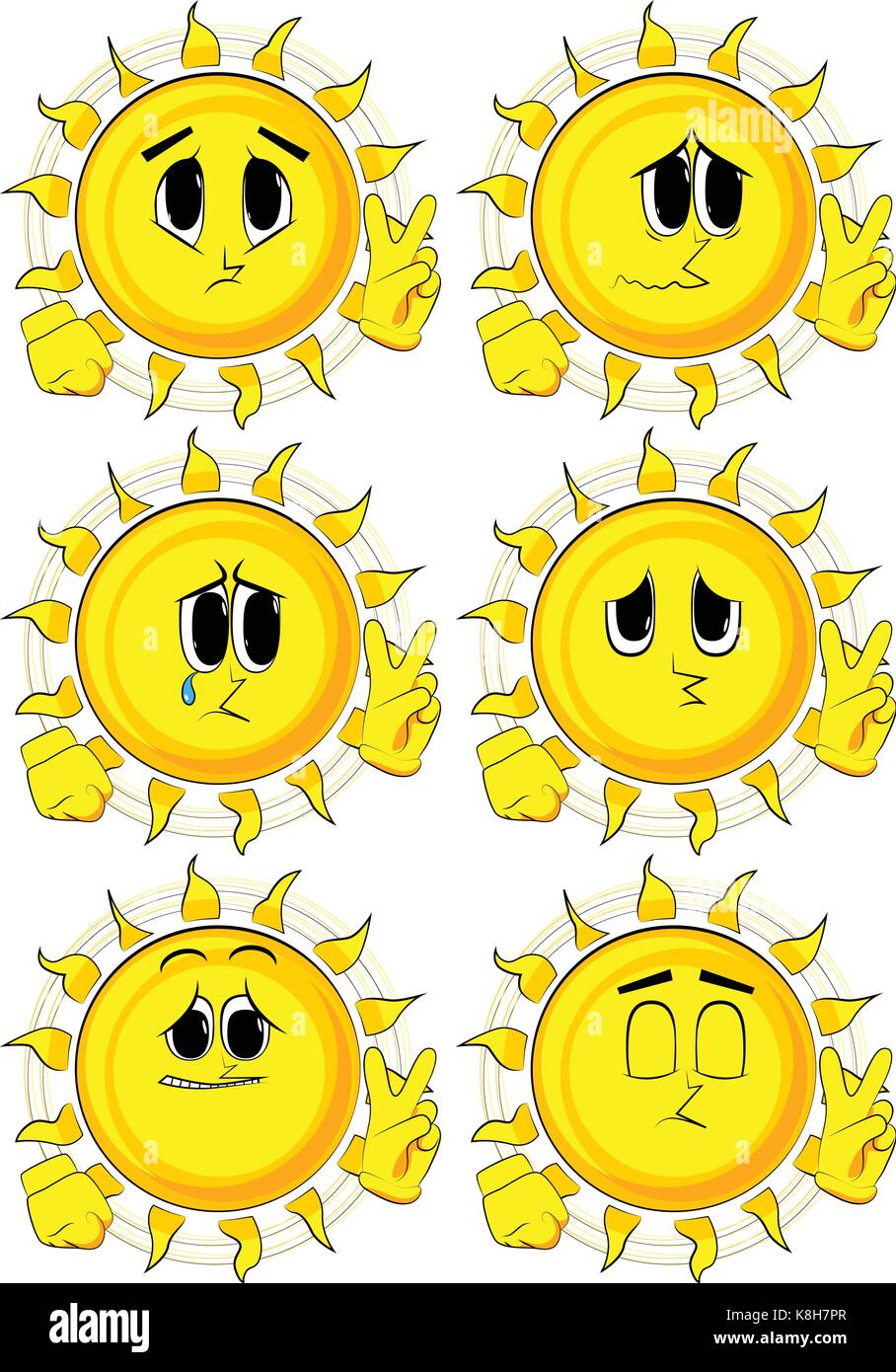 Cartoon sun showing the V sign. Collection with sad faces. Expressions ...