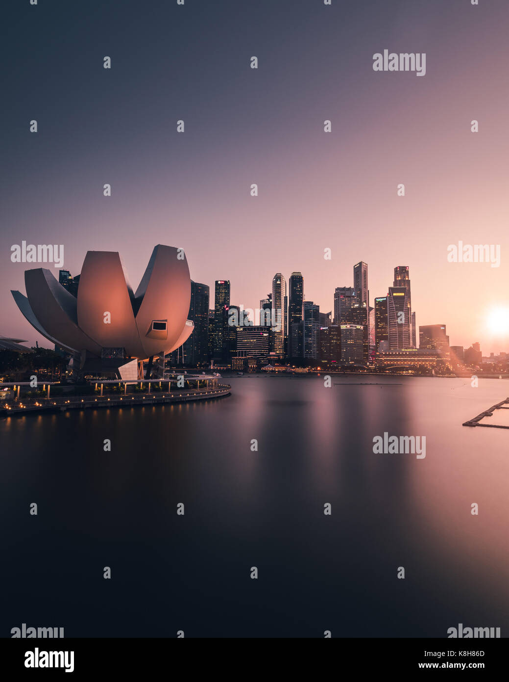 Art Science Museum and the surrounding skyline during golden hour Stock Photo
