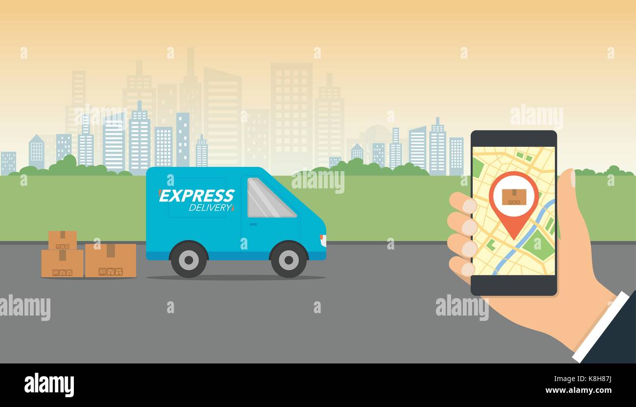 Express delivery concept. Delivery service app on mobile phone in hand ...