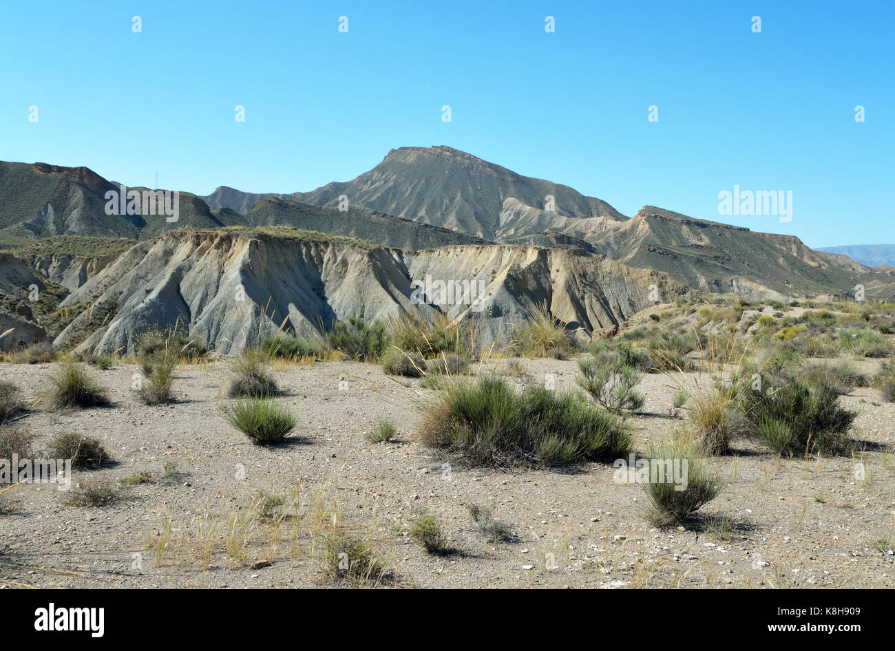 The Tabernas Desert is in the Spanish province of Almería. It is the driest region of Europe and the continent's only true desert climate. Stock Photo