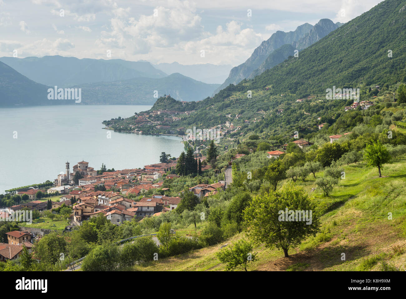 The mediterranean style villages of Sale Marasino and Marone on the shores of Lake Iseo, Lombardy, Italy Stock Photo