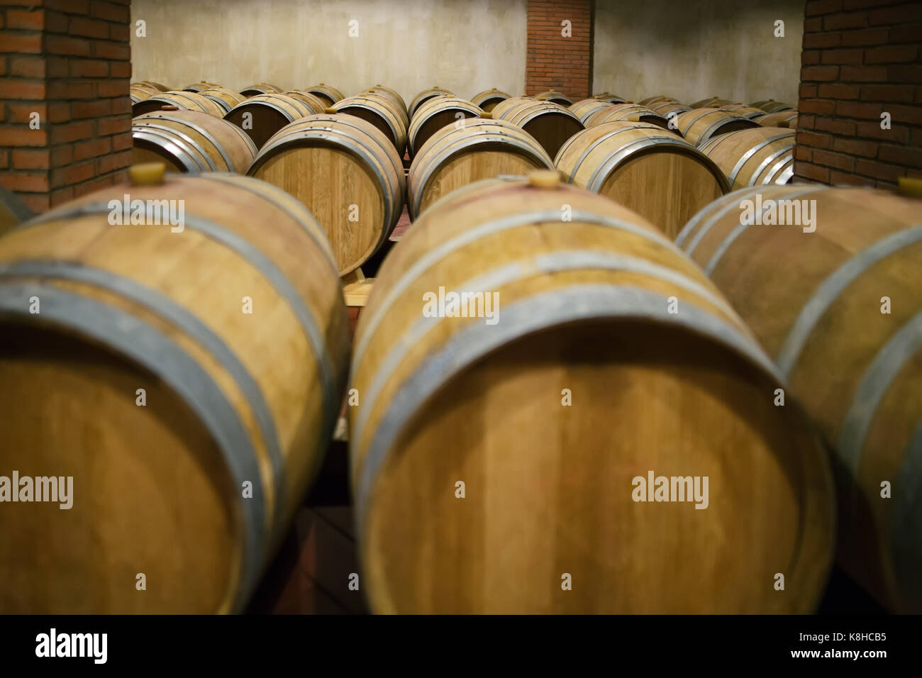 Rows of wooden barrels in wine cellar Stock Photo - Alamy