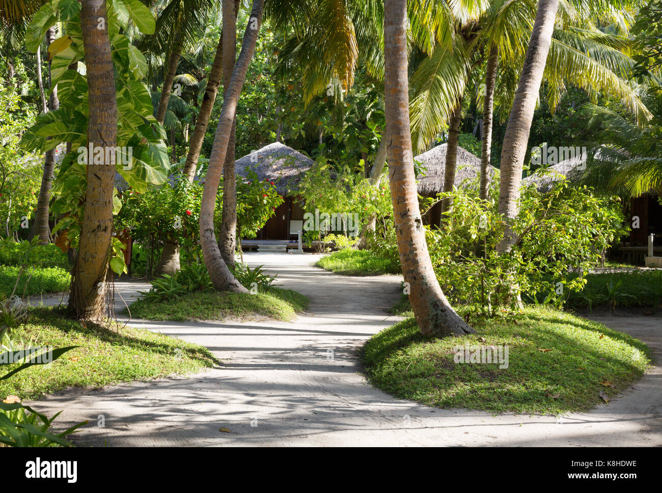 Maldives resort - garden villa accommodation at Kuramathi resort hotel, The Maldives, Asia Stock Photo