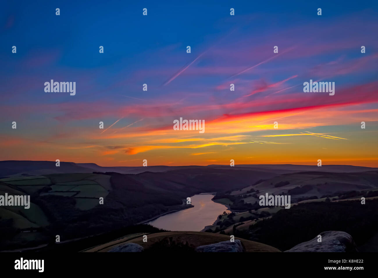 Sunset over Ladybower reservoir, Peak District National Park Stock Photo