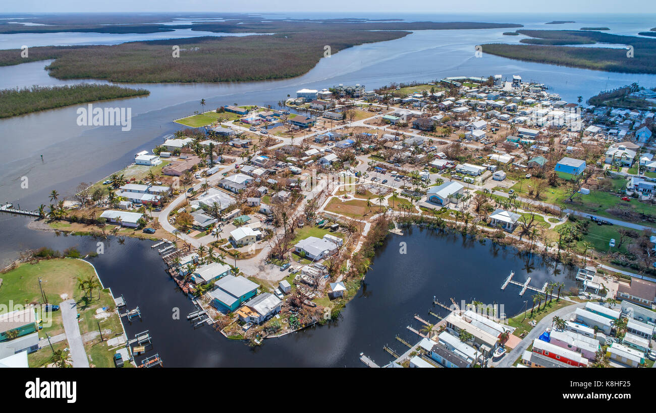 Aerial photographs of Goodland Florida after Hurricane Irma and her eye