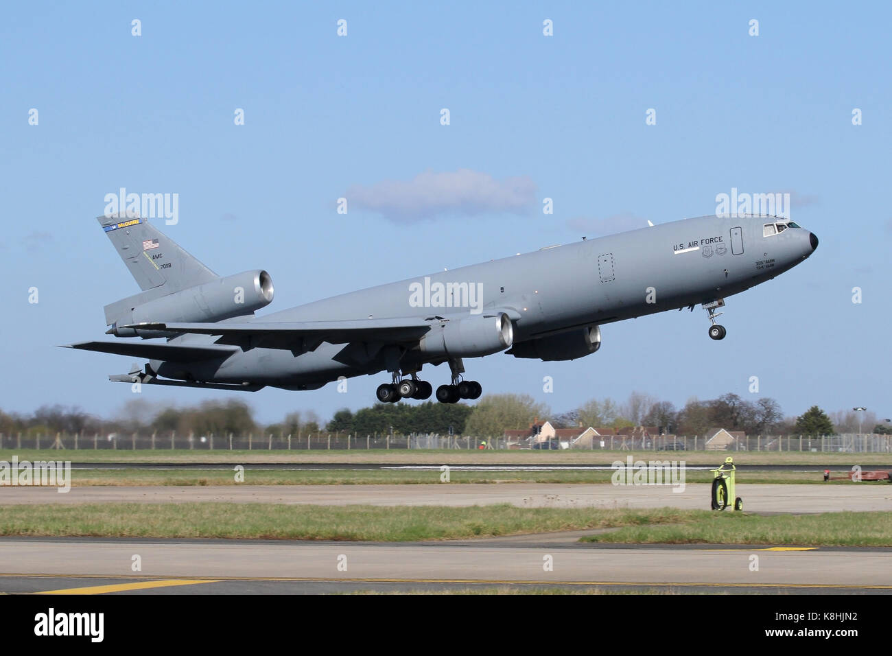 USAF KC-10A Extender climbing out after rotation from RAF Mildenhall. 59 of these aircraft are still operated by the USAF. Stock Photo