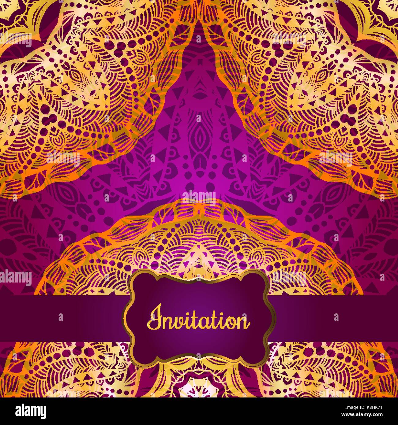 Rich gold invitation card in the Indian style. Bohemian Cards with