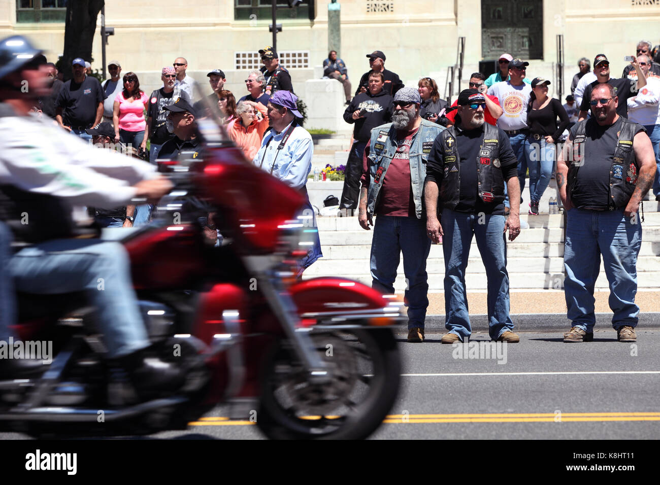 Bikers ride along Constitution Avenue at the 26th annual Rolling Thunder Run biker rally in Washington D.C. during Memorial Day Weekend, 2013. Stock Photo