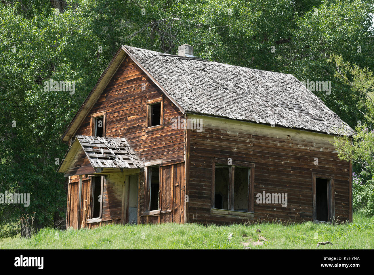 Abandoned farmhouse in Northeast Oregon's Chesnimus Canyon. Stock Photo