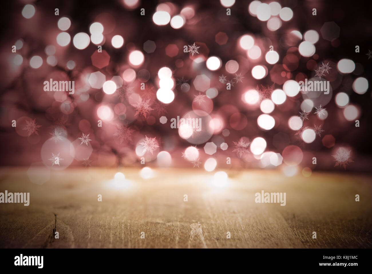 Pink Christmas Lights Background, Party Or Celebration Texture With Wood Stock Photo