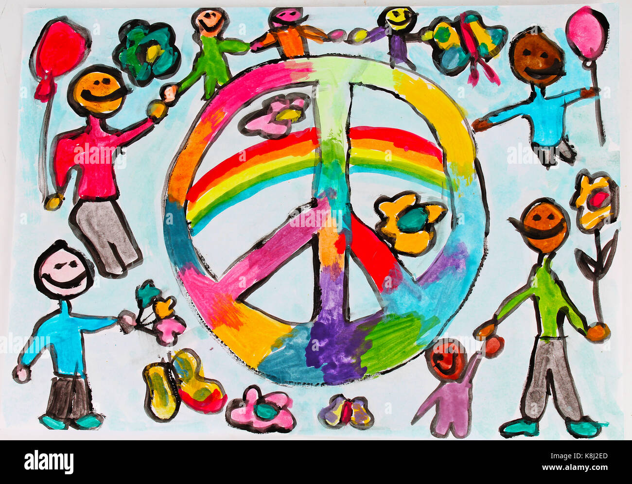 World peace child draw. Children drawings kid's draws collection.   Beautiful picture. Child drawing painting. Pictures for psychology or any use Stock Photo