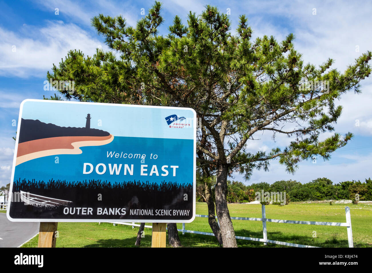 North Carolina,NC,Cedar Island,Down East,Outer Banks National Scenic Byway,sign,NC170518057 Stock Photo