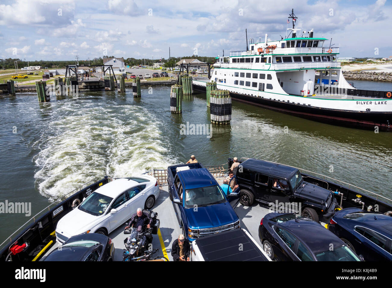 Ocracoke North Carolina,Pamlico Sound,Outer Banks,Cedar Island,ferry,boat,wake,water,vehicles,NC170518063 Stock Photo