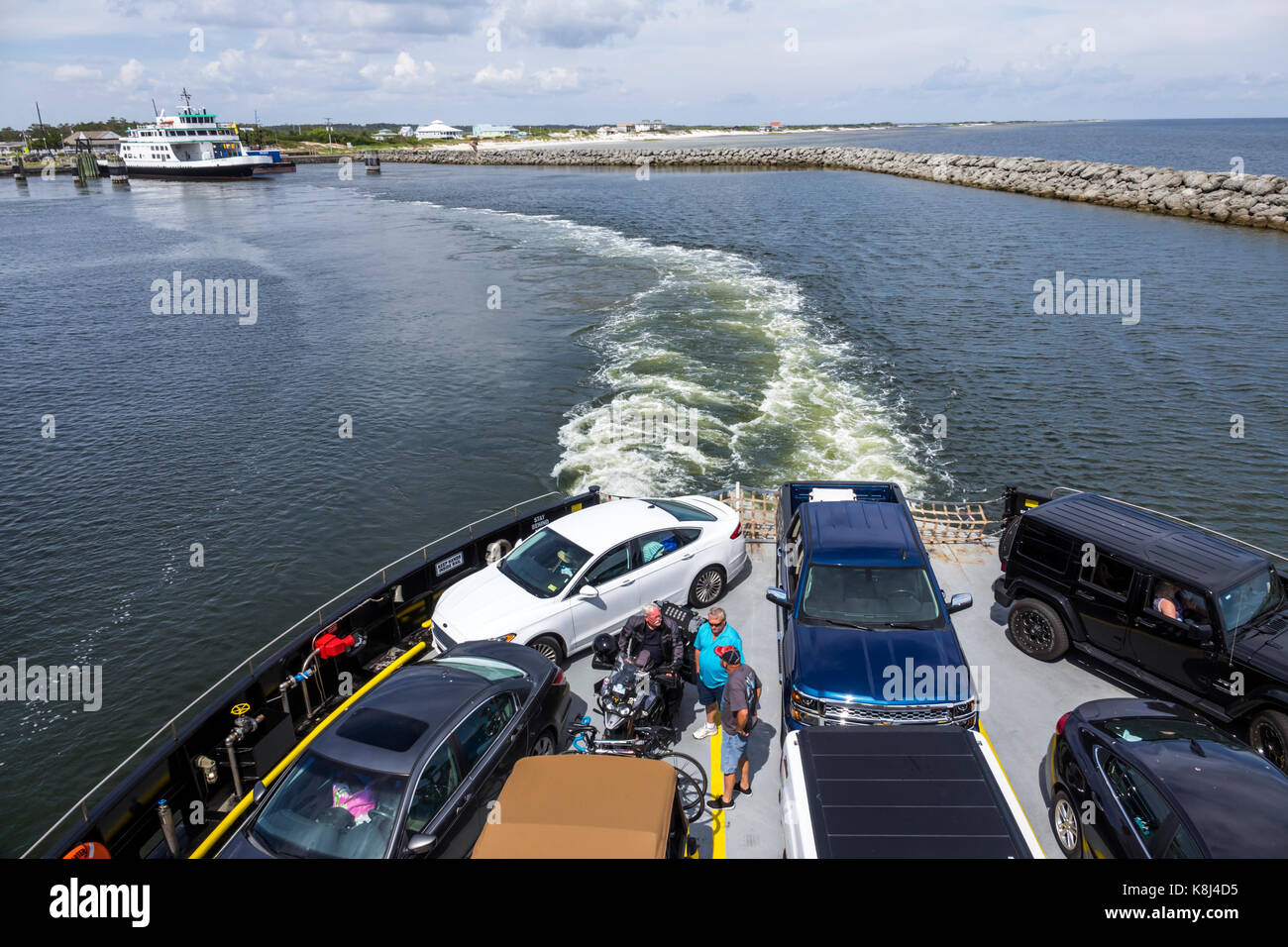 Ocracoke North Carolina,Pamlico Sound,Outer Banks,Cedar Island,ferry,boat,wake,water,vehicles,NC170518065 Stock Photo