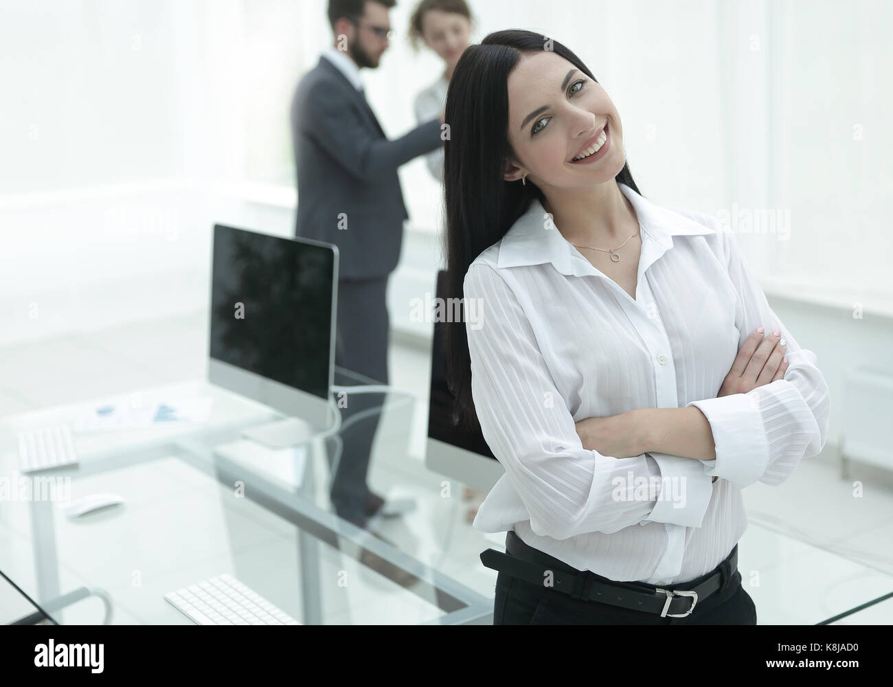 successful young business woman on the background of a workplace Stock ...