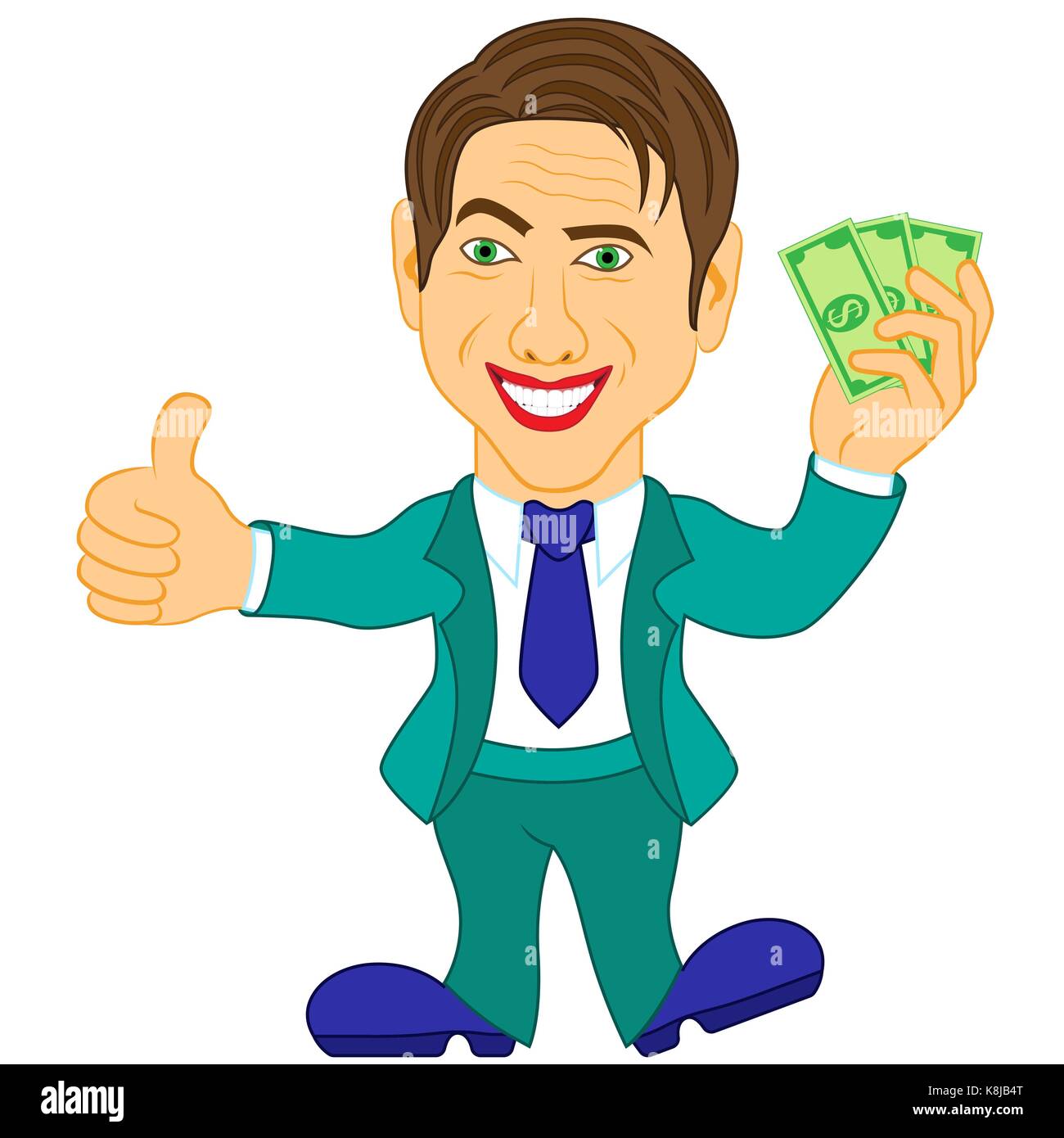 Smiling and joyful man in a turquoise suit holds the dollar bills, cartoon vector illustration Stock Vector