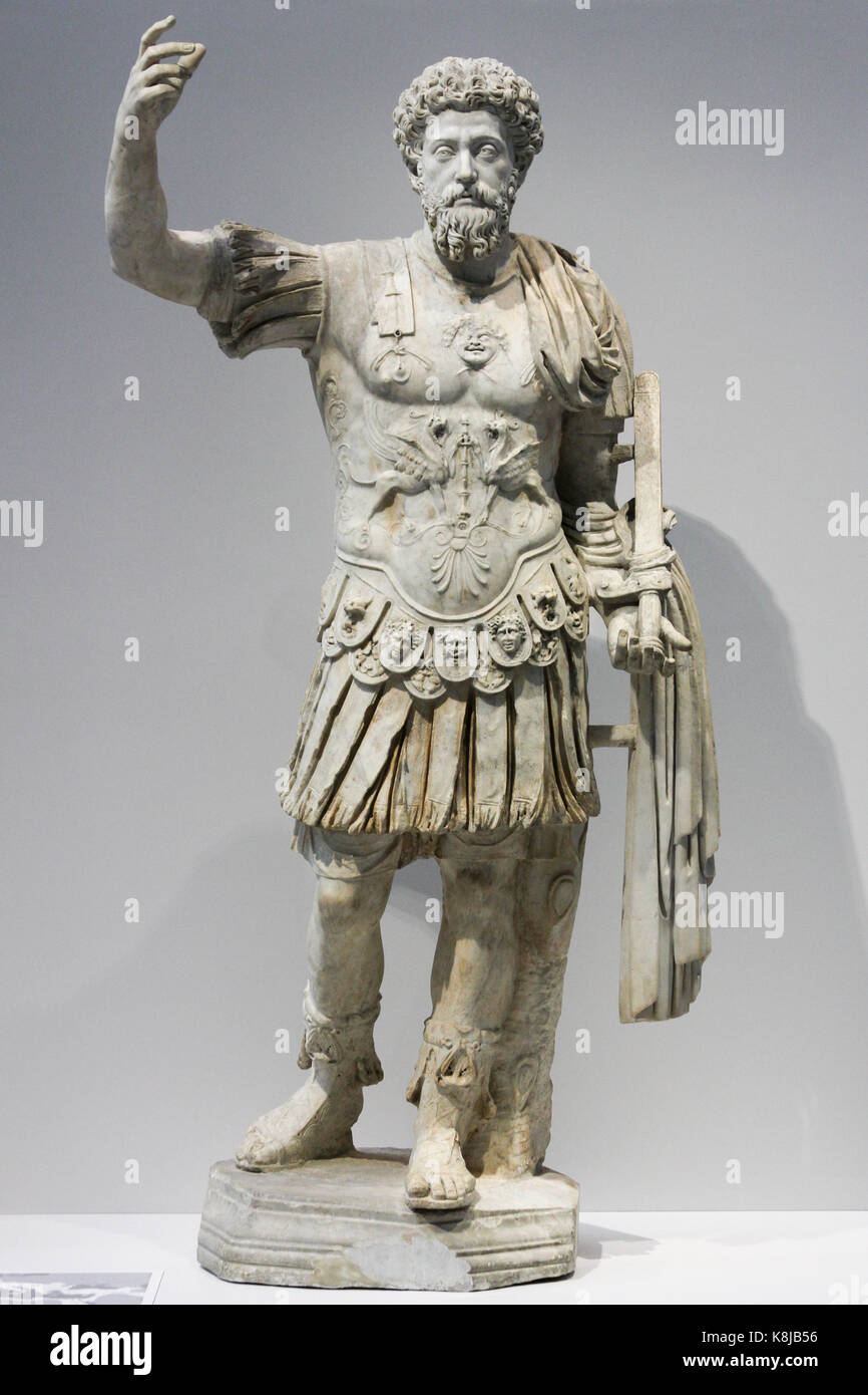 Marcus Aurelius, Roman emperor (AD 161-180). Marble statue dates to around 160 AD. Antiquity, Roman Empire exposition in Louvre museum in Lens, France. Stock Photo