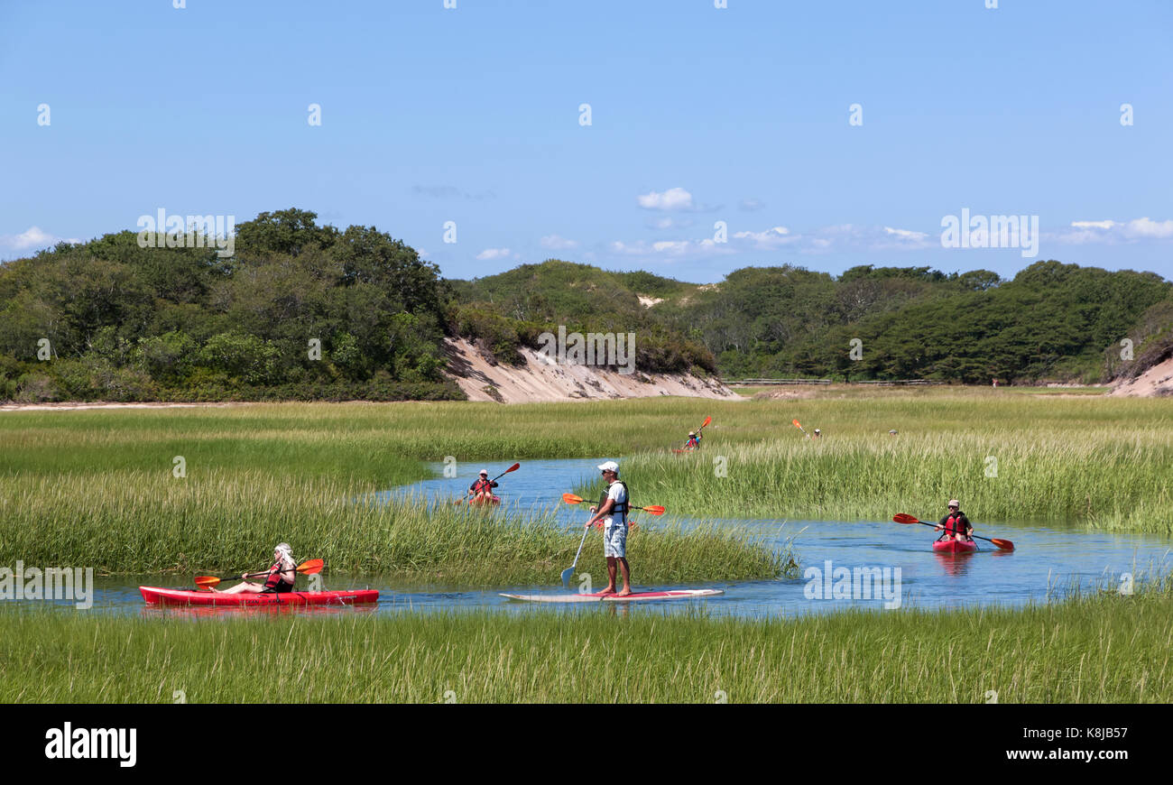 Kayaking and paddleboarding through the tidal marshy/grassy shoreline in Provincetown, Massachusetts, Cape Cod, USA. Stock Photo