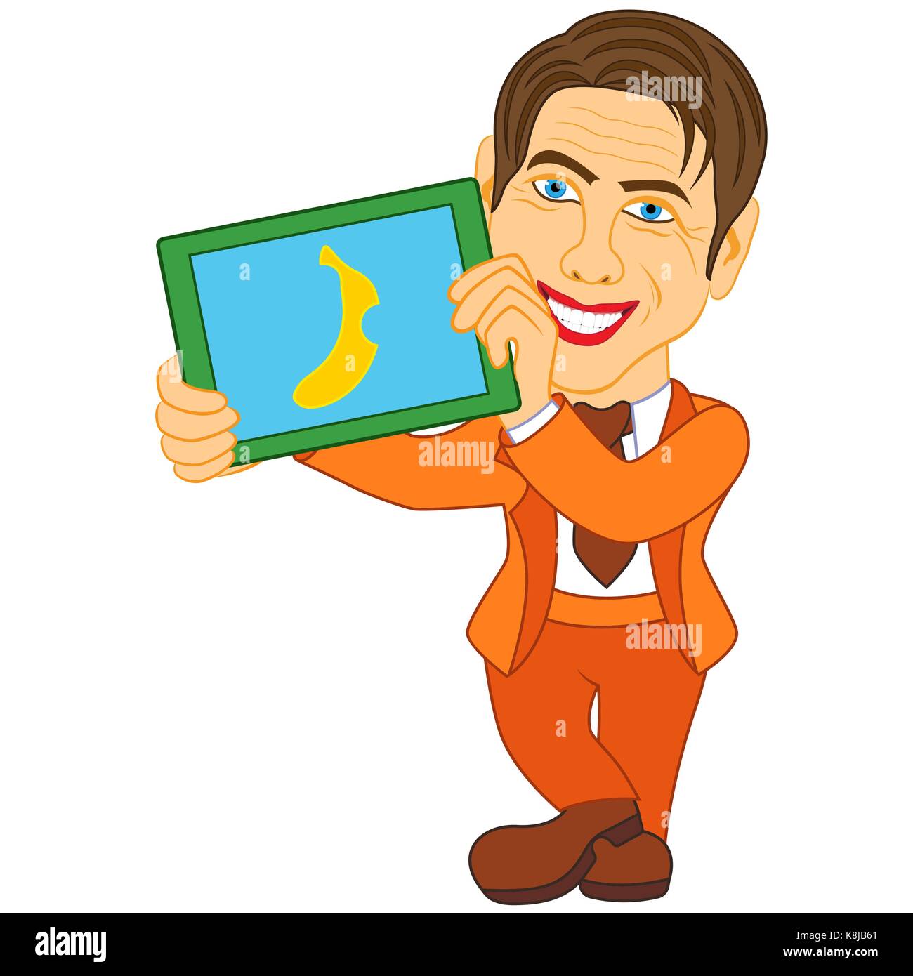 Man holds and demonstrate a conceptual picture with bite of banana, cartoon vector illustration Stock Vector