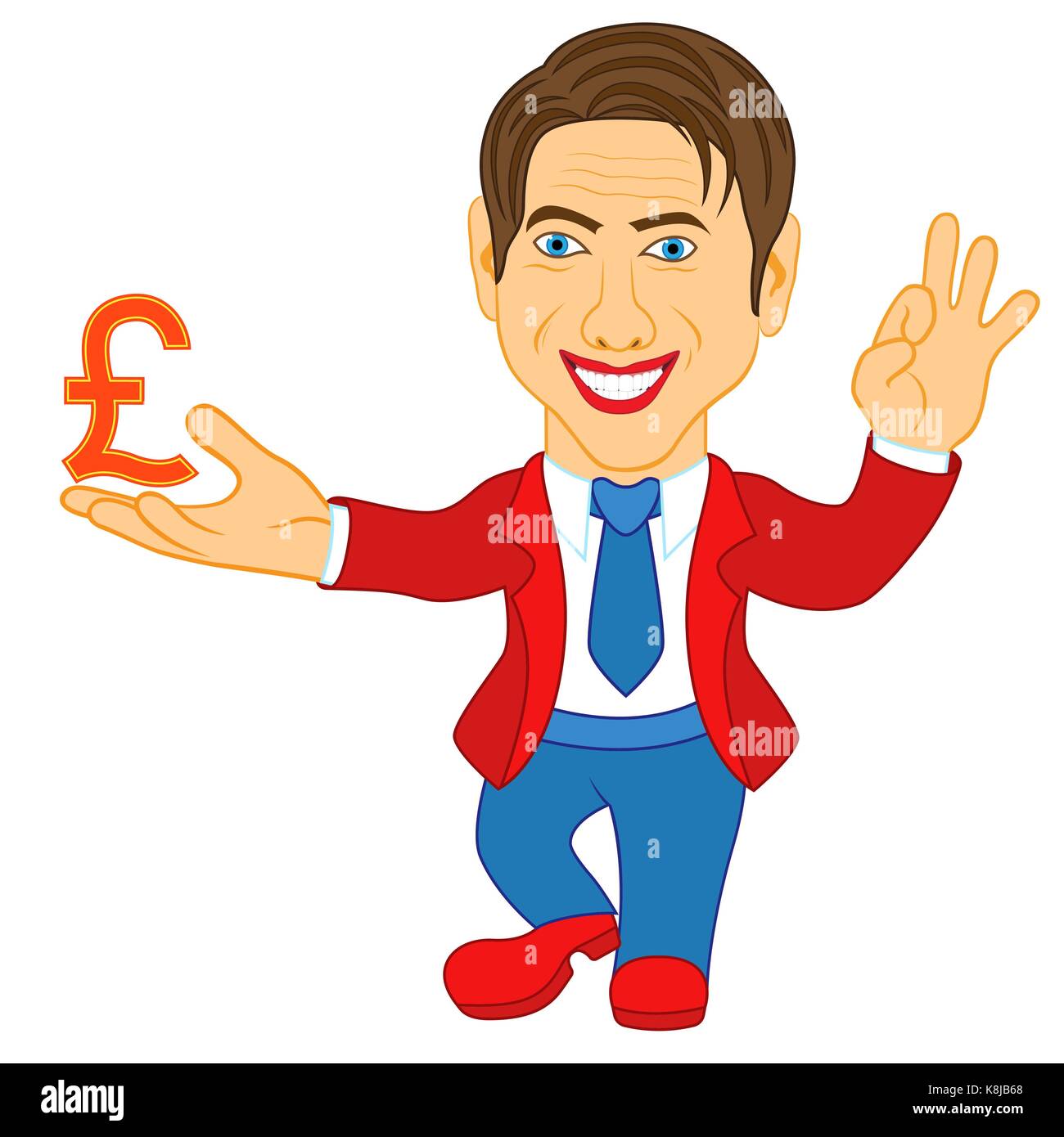 Smiling and joyful man holds a Pound symbol and gesticulate Okay, conceptual cartoon vector illustration Stock Vector