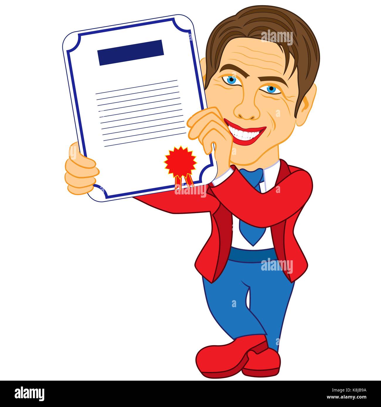 Smiling man holds a Certificate with red award label with ribbon, cartoon vector illustration Stock Vector