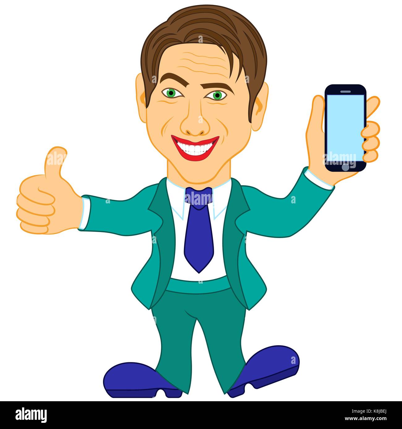 Smiling mature men in turquoise suit holds and presented a new smartphone, conceptual cartoon vector illustration Stock Vector