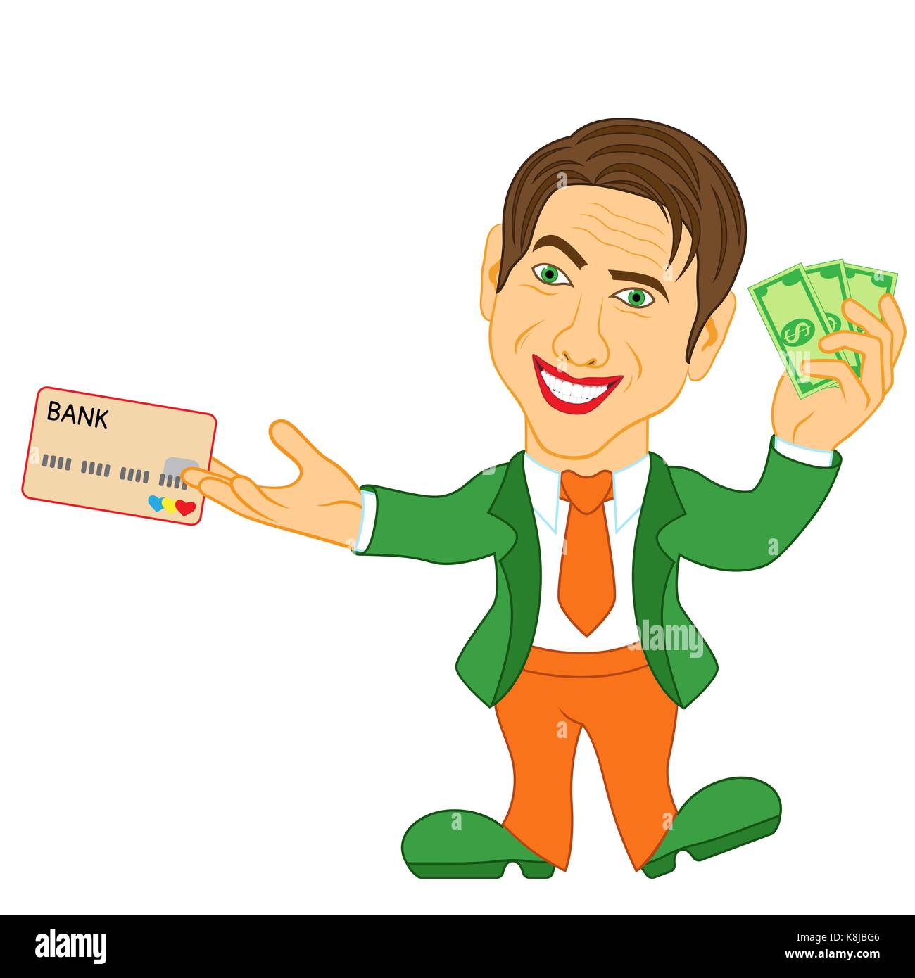 Smiling and joyful man holds the dollar bills and credit card, cartoon vector illustration Stock Vector