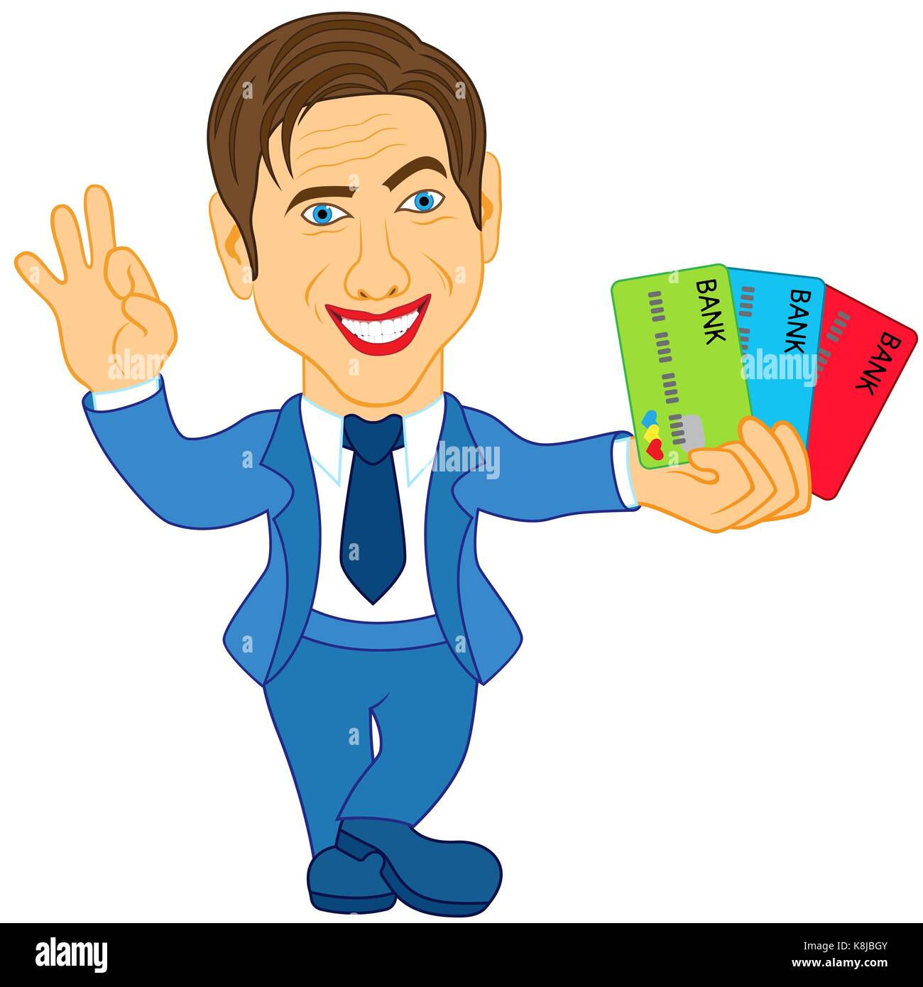 Smiling And Joyful Man Holds Three Credit Cards And Gesticulate Okay Concept Cartoon Vector 