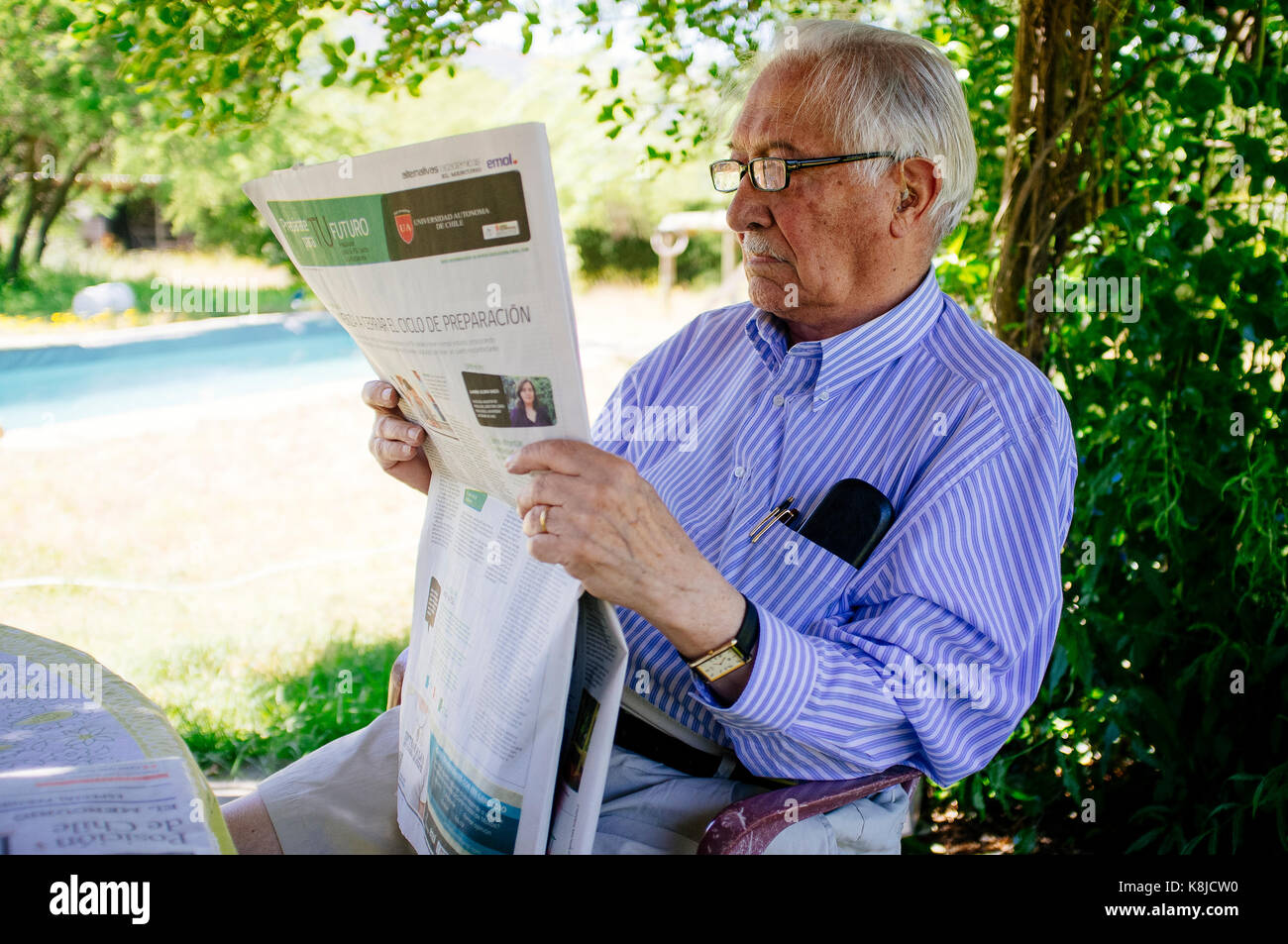 Senior adult man reading newspaper in the garden Stock Photo Alamy